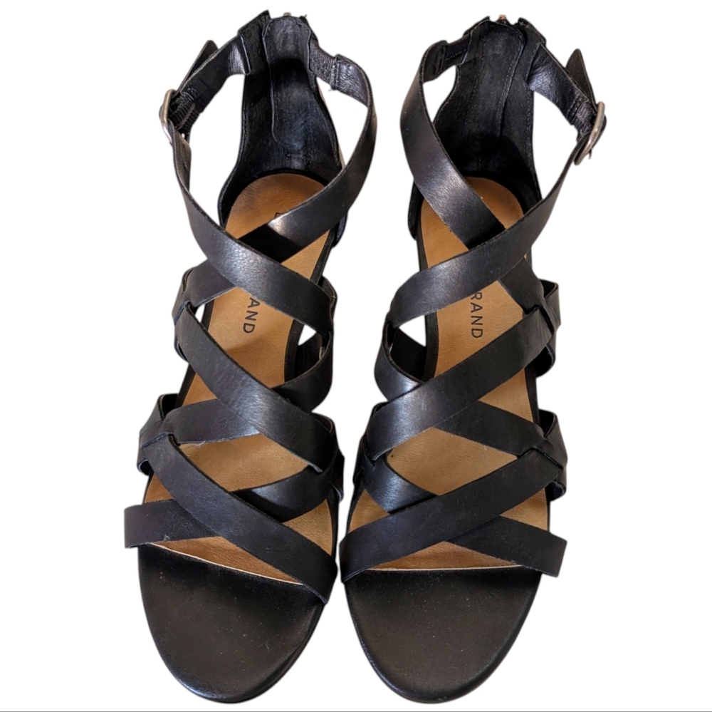 Lucky Brand Black Leather Strappy Wedge Sandals